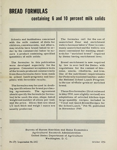 Bread formulas containing 6 and 10 percent milk solids
