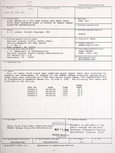 Final report of a 1990 Ford Taurus into heavy truck rigid rear underride guard in support of CRASH3 damage algorithm reformulation