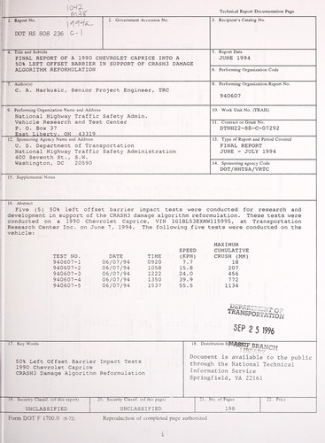Final report of a 1990 Chevrolet Caprice into a 50% left offset barrier in support of CRASH3 damage algorithm reformulation