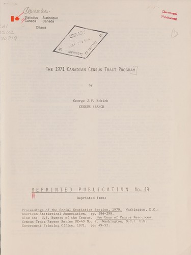 1971 CANADIAN CENSUS TRACT PROGRAM